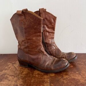 Vintage Brown Leather Cowboy Boots Side Zip Women’s 37